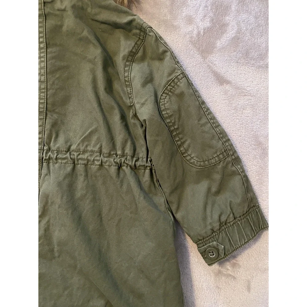 Gap Parka Coat Toddler Girls 2T Green Faux Fur Hood Canvas Lined‎ Zip Pockets